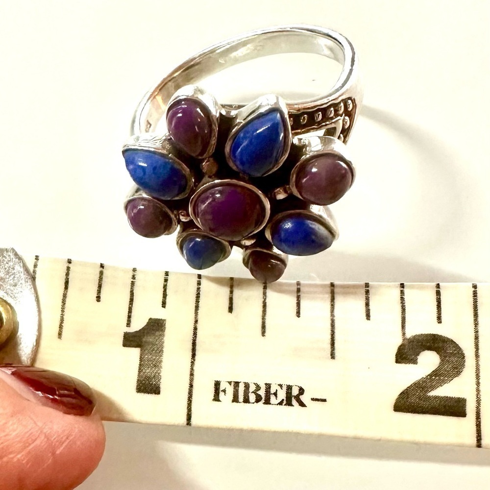 Native American Style 925 Sterling Silver Lapis & Purple Turquoise Cluster Ring - Picture 3 of 6
